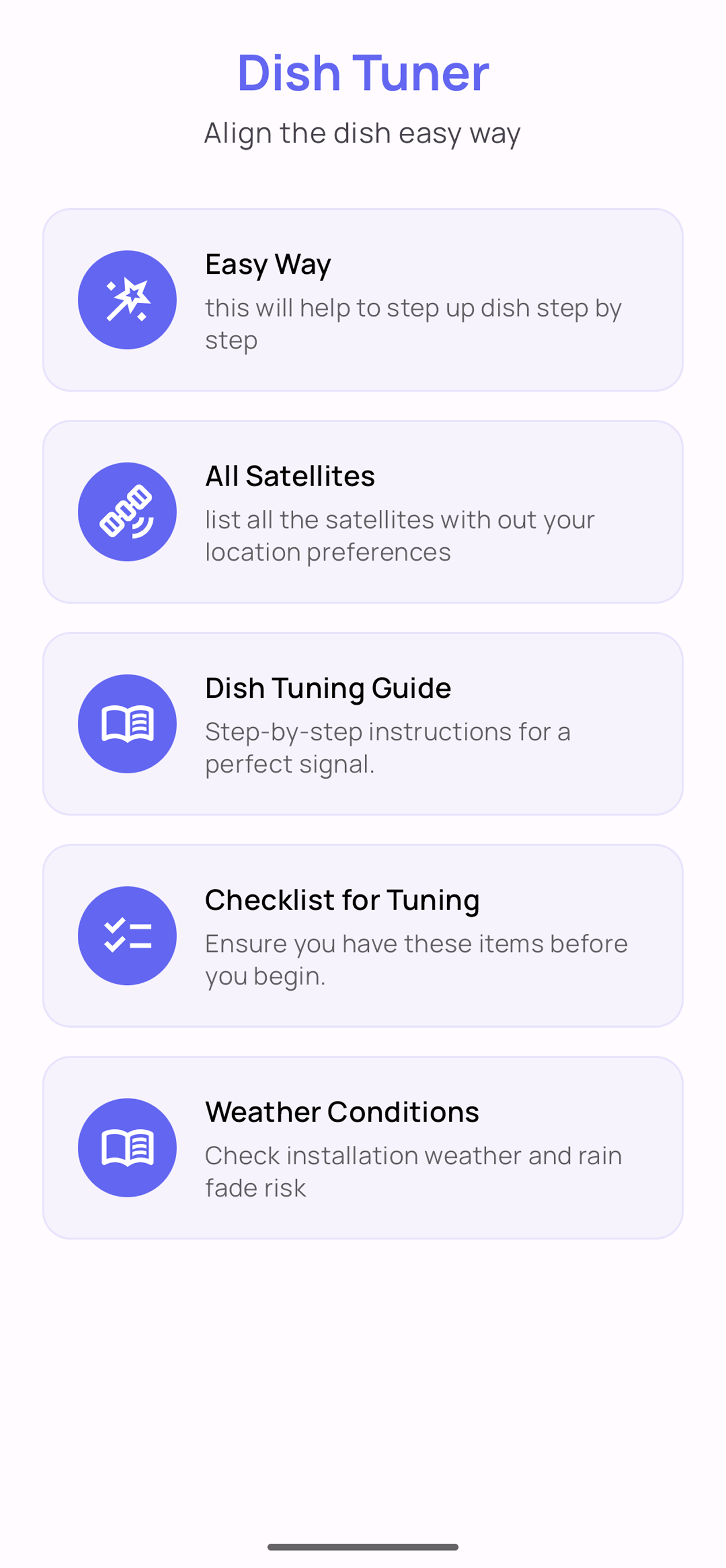DishTuner satellite dish alignment app showing satellite map on Android